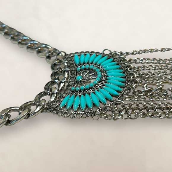 Southwestern Bohemian Bib Statement Necklace Faux Turquoise and Silver-Tone - Picture 7 of 10